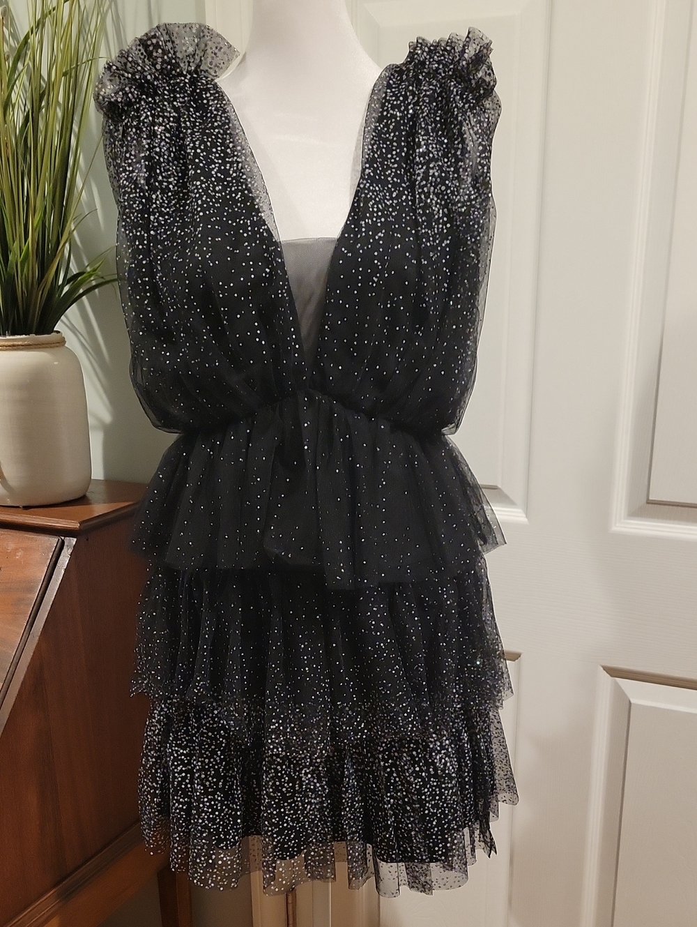 Vici Black Sparkle Tiered Mini Dress
